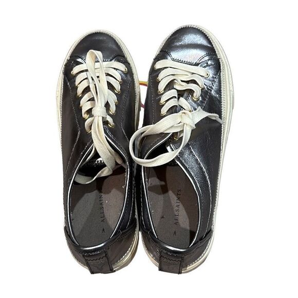 ALLSAINTS ALL SAINTS Metallic Pewter Silver Milla Leather Platform Sneakers Size - Picture 4 of 9